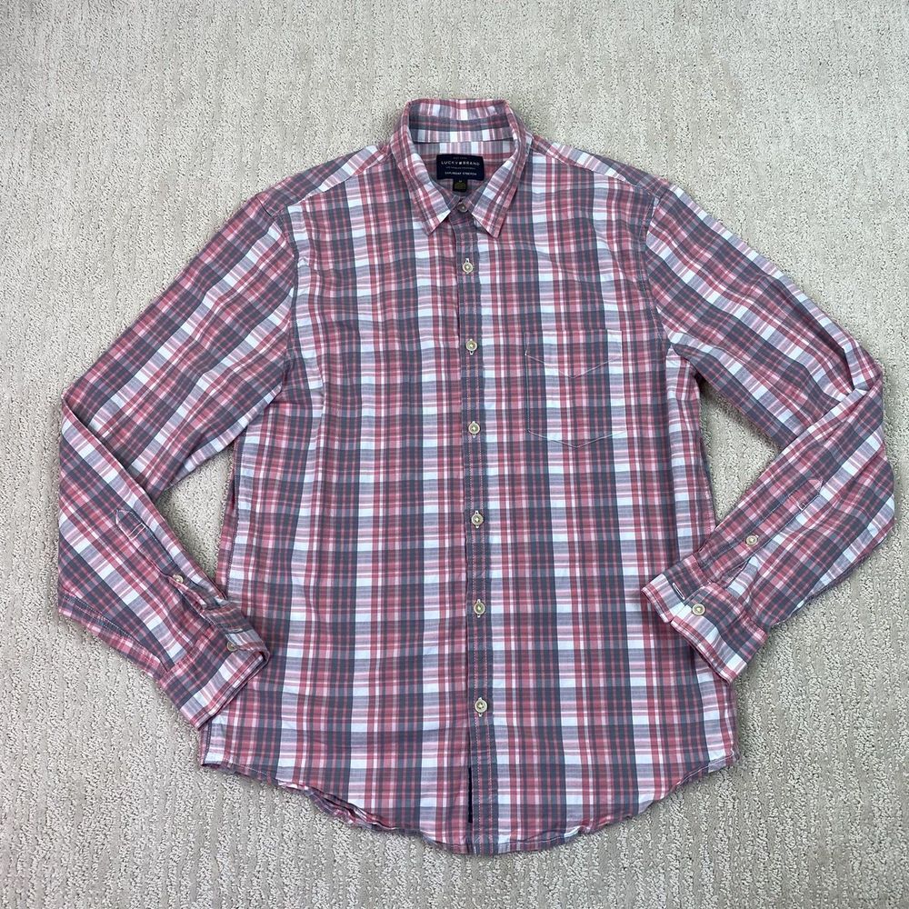 Lucky Brand Button Down Shirt Mens Medium Pink Plaid Long Sleeve